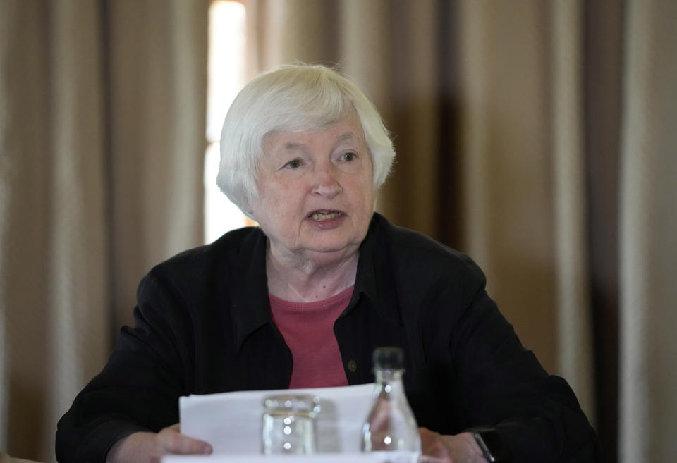 U.S. Treasury Secretary Janet Yellen speaks during a roundtable discussion at Dinokeng Game Reserve in Hammanskraal, north of Pretoria, South Africa, Wednesday, Jan. 25, 2023, as part of a Treasury ten-day tour of Africa, with stops in Senegal, Zambia and South Africa. (AP Photo/Themba Hadebe)