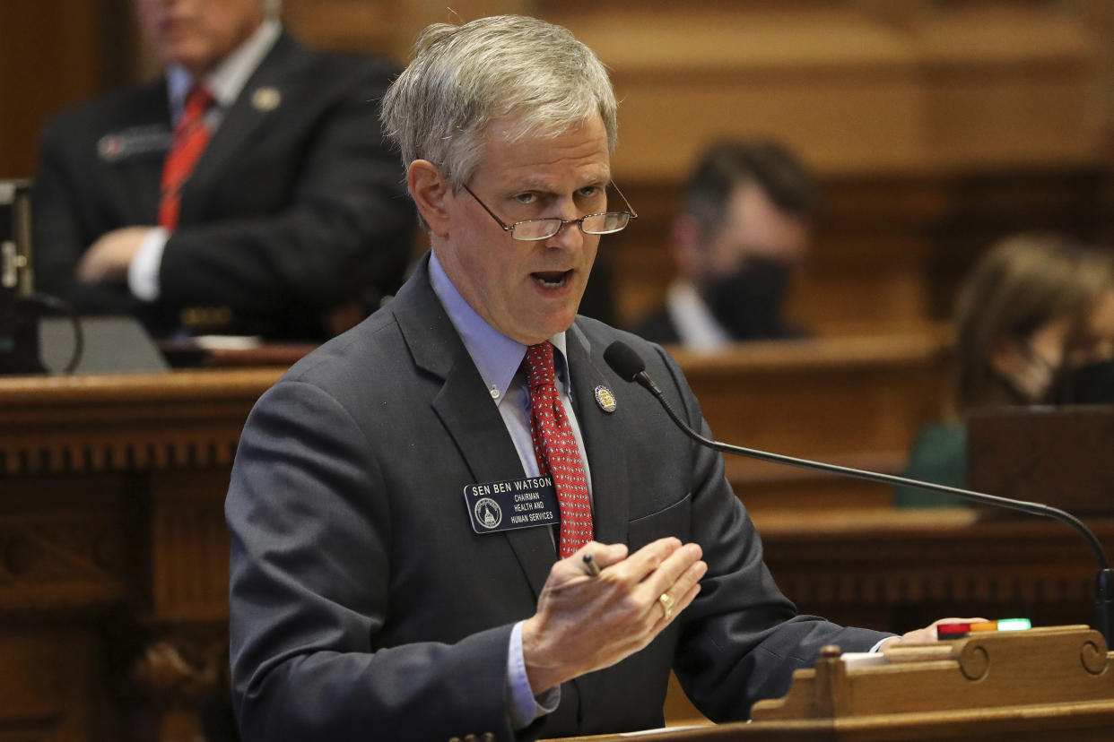 Georgia's Health and Human Services Chairman State Sen Ben Watson speaks in favor of the Senate Bill 456, which would prevent the woman in Georgia from receiving the abortion pill mifepristone through the mail, during a hearing on Tuesday, March 1, 2022 in Atlanta. The bill would require pregnant women to see a doctor in person before being able to obtain mifepristone, the abortion pill. A doctor would also have to perform an ultrasound.(Miguel Martinez/Atlanta Journal-Constitution via AP)