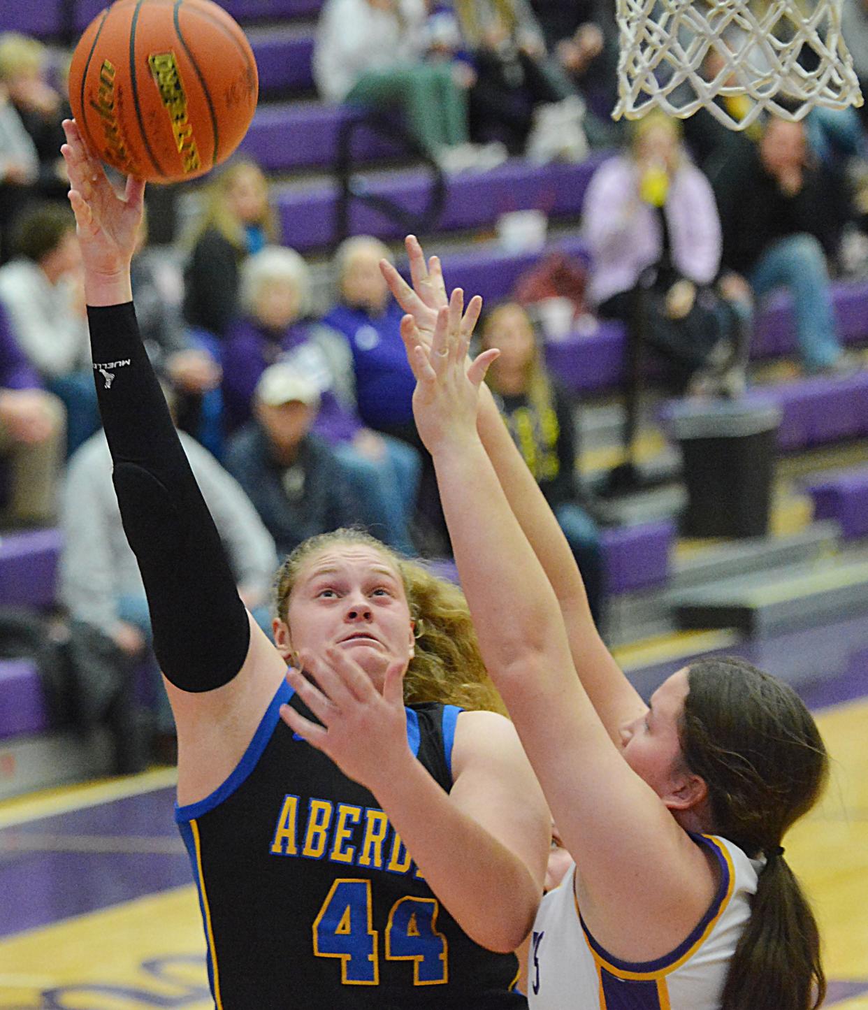 Aberdeen Central's Taryn Hermansen shoots against Watertown's Malia Kranz during their high school girls basketball game on Tuesday, Jan. 9, 2024 in the Watertown Civic Arena. Aberdeen Central won 41-35.