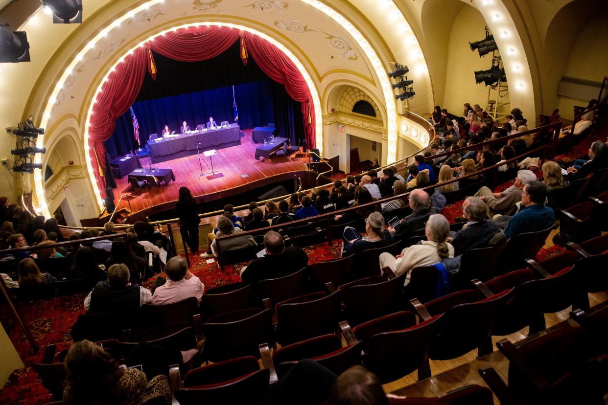 Students and community members ask questions to the attorneys after oral arguments to the Michigan Supreme Court during its Community Connections Program Wednesday, April 26, 2023, at the Cheboygan Opera House.