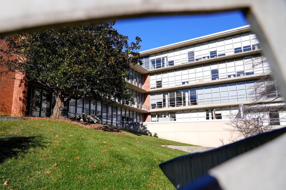 Sculptures surround the exterior of the College of Design, Architecture, Art and Planning, called DAAP, on University of Cincinnati’s campus on Dec. 19. DAAP’s fine arts master's program is in danger due to a new funding proposal.