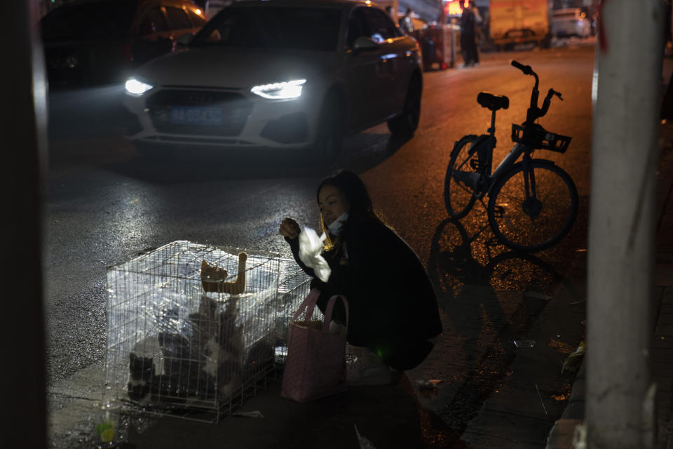 A street vendor plays with a cat for sale in Wuhan, China on Sunday, Oct. 18, 2020. (AP Photo/Ng Han Guan)