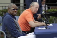 Houston Astros owner Jim Crane, right, and manager Dusty Baker listen to a question during a news conference before the start of the first official spring training baseball practice for the team Thursday, Feb. 13, 2020, in West Palm Beach, Fla. (AP Photo/Jeff Roberson)