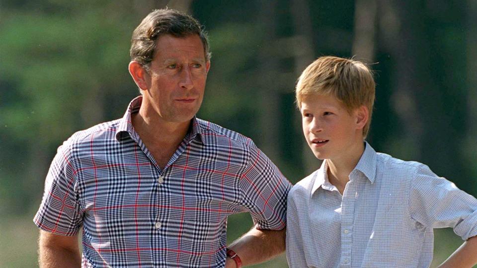 Prince Charles With Prince Harry At Polvier, By The River Dee, Balmoral Castle Estate