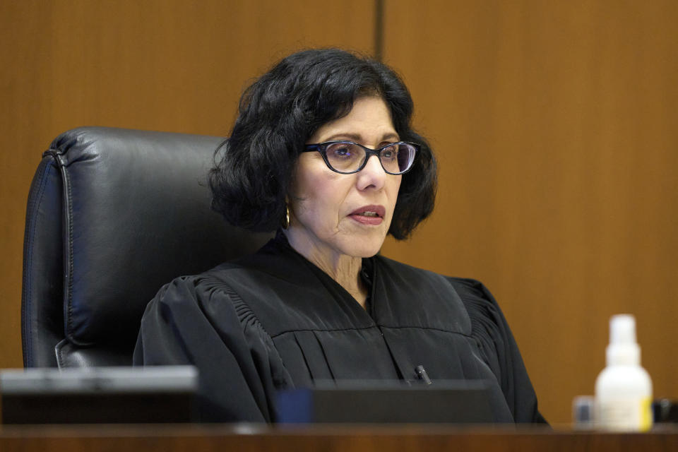 Los Angeles Superior Court Judge M. L. Villar presides during a preliminary hearing for Rakim Mayers, aka A$AP Rocky, at the Clara Shortridge Foltz Criminal Justice Center in Los Angeles, Monday, Nov. 20, 2023. The judge was hearing evidence Monday against the 35-year-old rap star and father of two children with Rihanna as he decides whether he should stand trial on two felony counts of assault with a semiautomatic firearm. He has pleaded not guilty. (Allison Dinner/Pool Photo via AP)