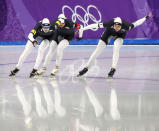 Speed Skating - Pyeongchang 2018 Winter Olympics - Women's Team Pursuit Competition Finals - Gangneung Oval - Gangneung, South Korea - February 21, 2018. Heather Bergsma, Brittany Bowe and Mia Manganello of the U.S in action. REUTERS/Phil Noble