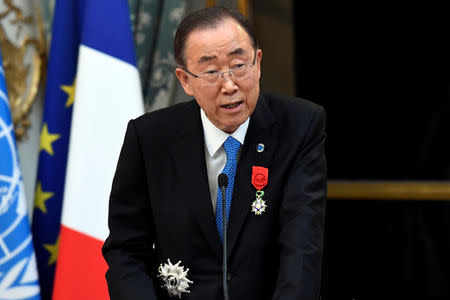 FILE PHOTO - U.N. Secretary General Ban Ki-moon delivers a speech after being awarded with the Legion of Honour (Legion d'Honneur) by the French president at the Elysee Palace in Paris, France, November 17, 2016. REUTERS/Bertrand Guay/Pool/File Photo