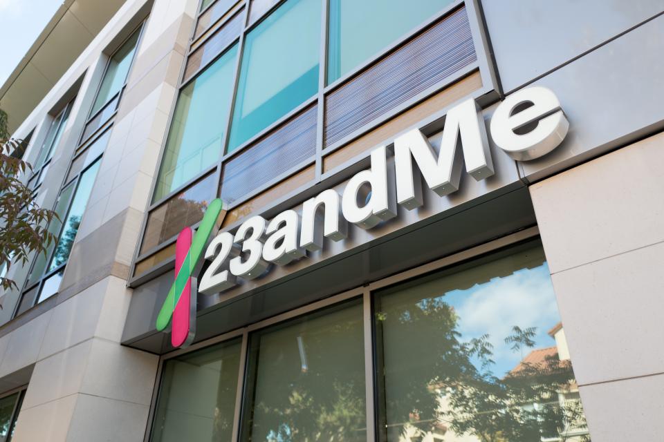 Low-angle view of logo on facade of personal genomics company 23AndMe in the Silicon Valley town of Mountain View, California, October 28, 2018. (Photo by Smith Collection/Gado/Getty Images)