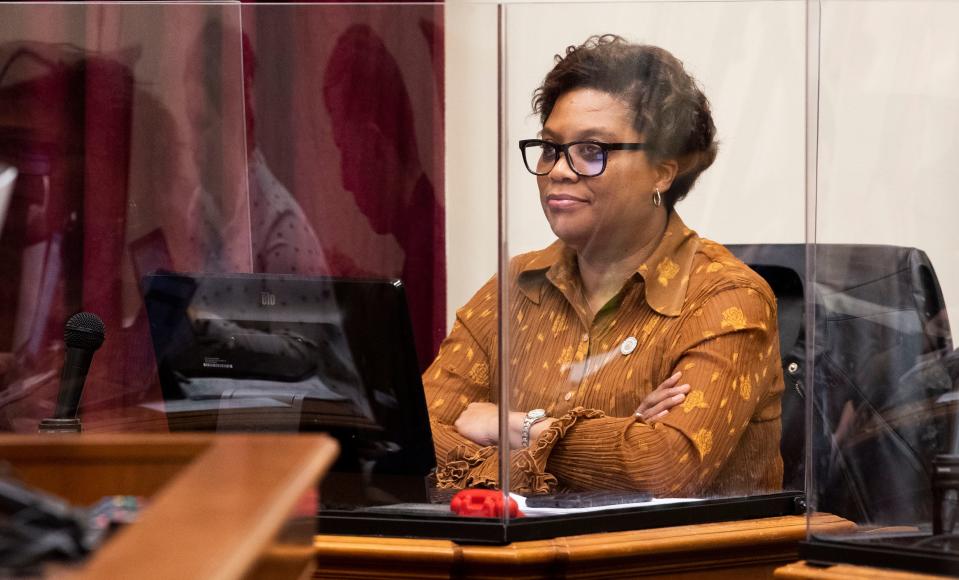 Jennifer Gamble, council member for district 3, listens during a Nashville's Metro Council meeting at the Historic Metro Courthouse in Nashville , Tenn., Tuesday, Feb. 7, 2023.