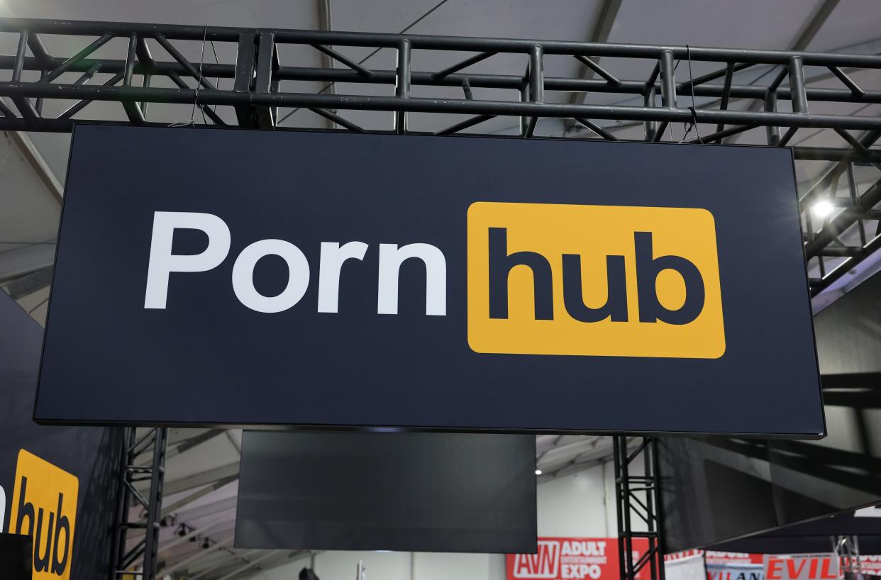 A sign hangs at the Pornhub booth at the 2024 AVN Adult Entertainment Expo at Resorts World Las Vegas on Jan. 24, 2024 in Las Vegas, Nevada.