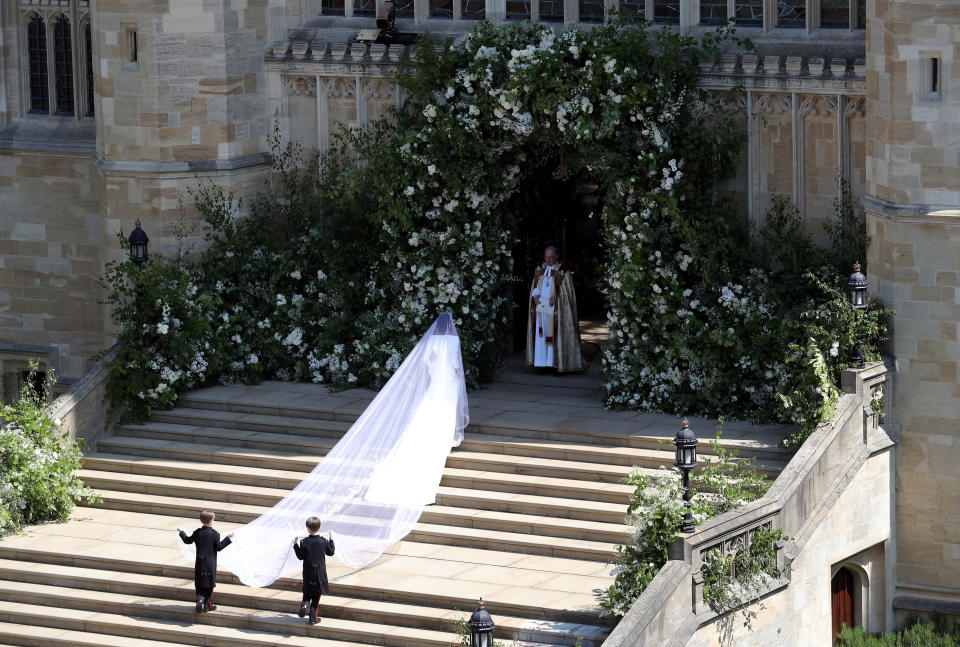 A shot of Meghan Markle's 16-foot veil as she walks into St. George's Chapel on May 19.&nbsp; (Photo: ANDREW MATTHEWS via Getty Images)