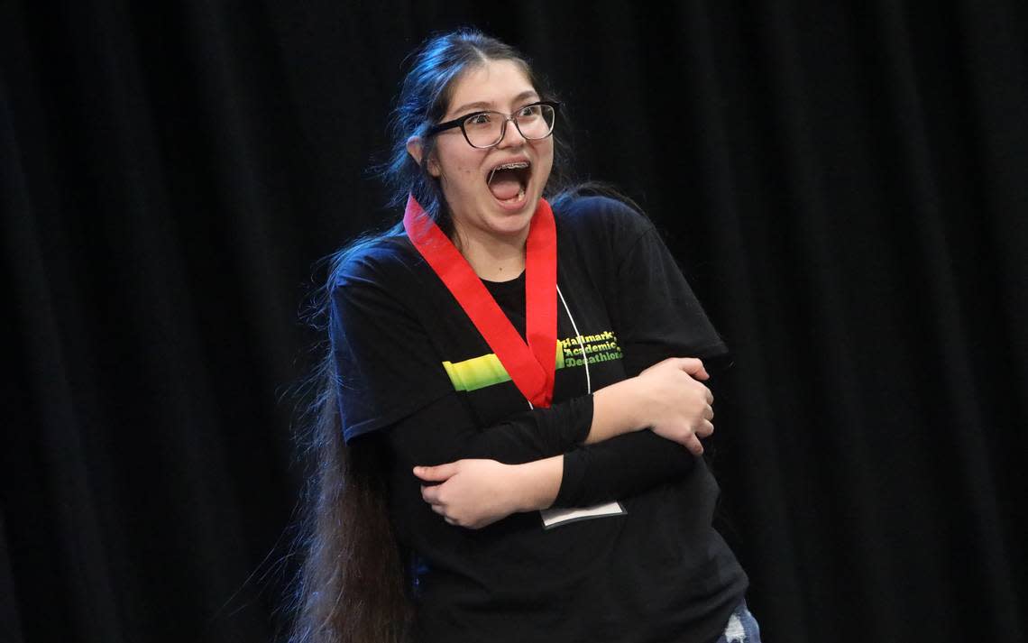 Alysha Hernández of Hallmark Charter reacts after getting a bronze medal in language & literature at the 2024 Fresno County Academic Decathlon on Feb. 3, 2024 at Sunnyside High School. JUAN ESPARZA LOERA/jesparza@vidaenelvalle.com