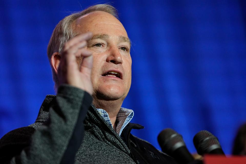 Nov 8, 2022; Columbus, Ohio, USA;  Auditor Keith Faber speaks during an election night party for Republican candidates for statewide offices at the Renaissance Hotel in downtown Columbus. Mandatory Credit: Adam Cairns-The Columbus Dispatch