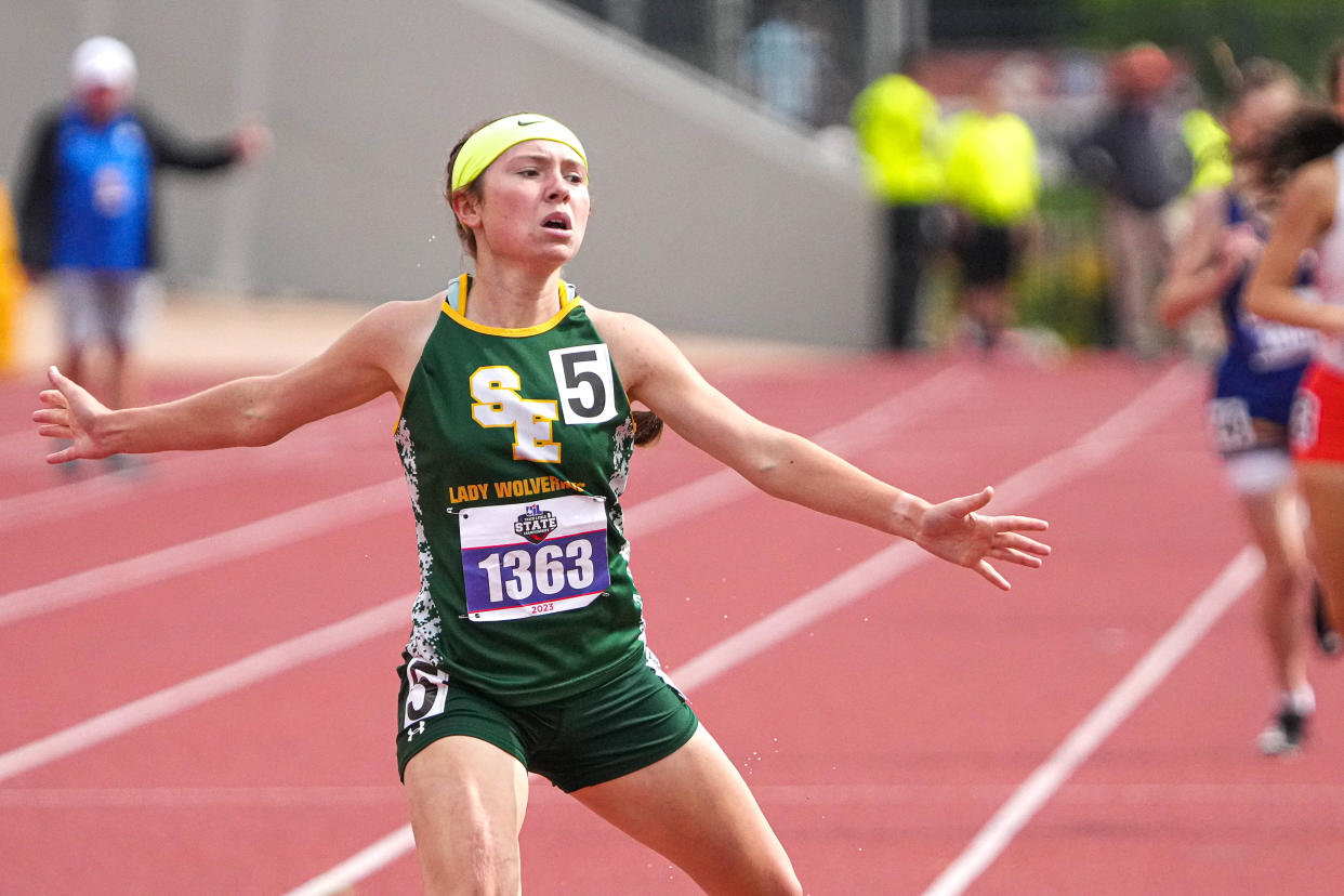 Springlake Earth’s Taytum Goodman celebrates winning the 800-meter run during the Class 1A UIL State track and field meet on Saturday, May 13, 2023, at Mike A. Myers Stadium in Austin.