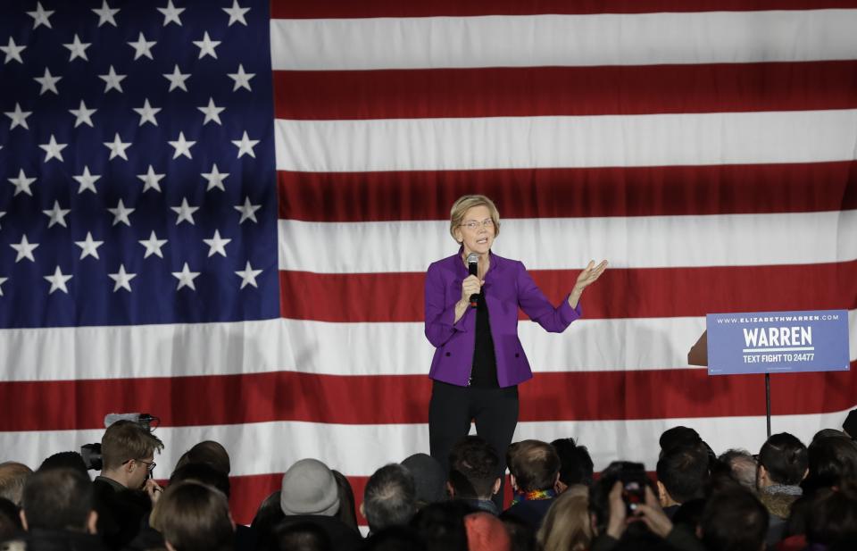 Democratic presidential candidate Sen. Elizabeth Warren, D-Mass., speaks to local residents Friday, March 8, 2019, in the Queens borough of New York. (AP Photo/Frank Franklin II)