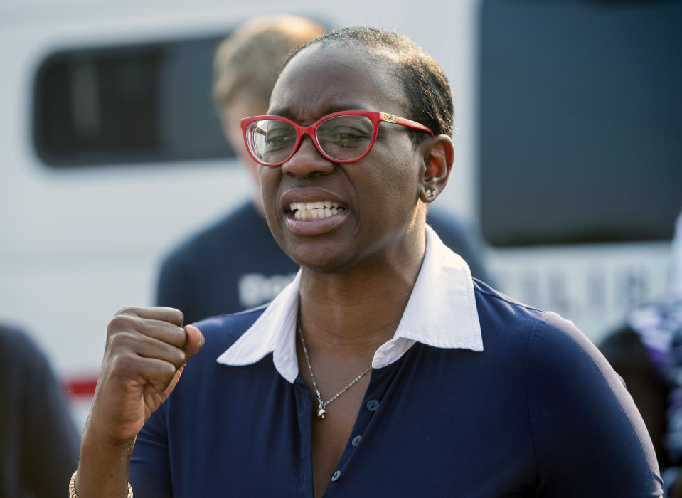 FILE - Nina Turner speaking with supporters near the Cuyahoga County Board of Elections before casting her vote in Cleveland, July 7, 2021. (AP Photo/Phil Long, File)