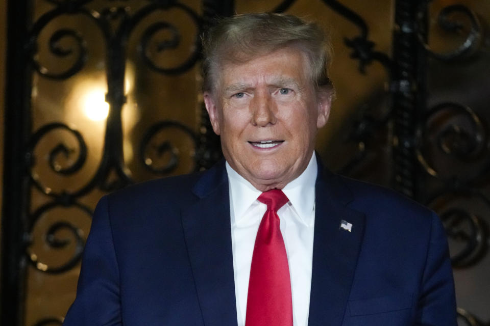 Republican presidential candidate former President Donald Trump speaks at his Mar-a-Lago estate, Friday, Feb. 16, 2024, in Palm Beach, Fla. (AP Photo/Rebecca Blackwell)