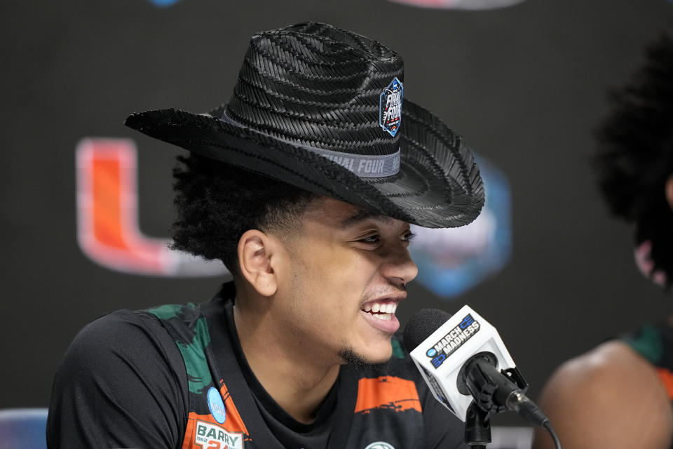 Miami guard Nijel Pack speaks during a news conference in preparation for the Final Four college basketball game in the NCAA Tournament on Thursday, March 30, 2023, in Houston. Miami will face UConn on Saturday. (AP Photo/David J. Phillip)
