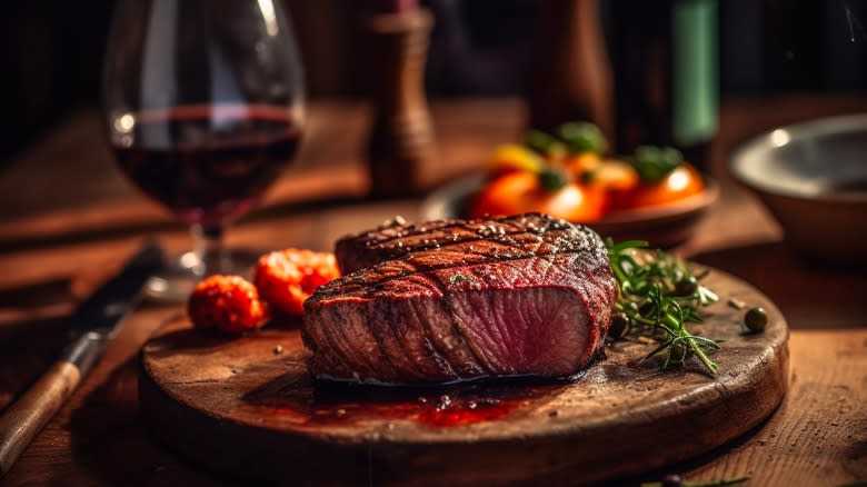 grilled steak with wine glass