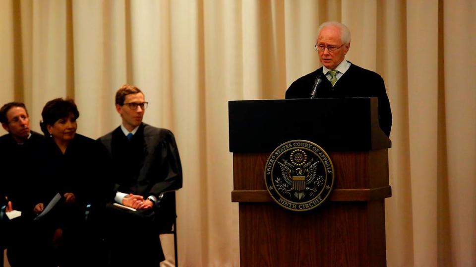 U.S. District Court Judge Ed Shea speaks during the investiture ceremony Judge Sal Mendoza to the United States Court of Appeals for the Ninth Circuit held at the Federal Building in Richland.