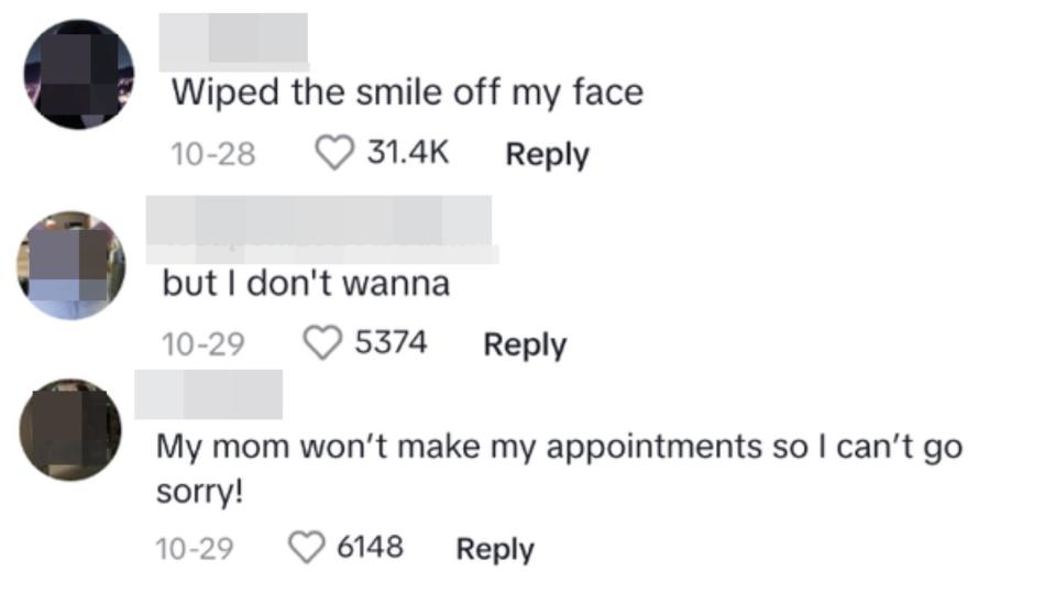 Comments saying "Wiped the smile off my face" and "But I don't wanna"