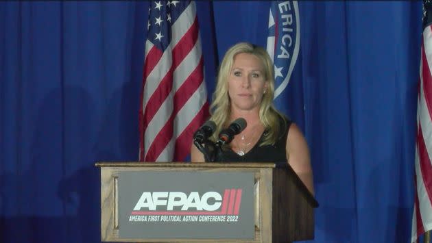 Rep. Marjorie Taylor Greene (R-Ga.) speaks at a white nationalist conference Friday night in Orlando, Florida. (Photo: Screenshot from Cozy TV livestream)