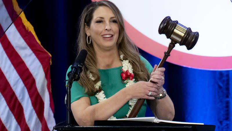 Republican National Committee Chair Ronna McDaniel holds a gavel while speaking at the committee’s winter meeting in Dana Point, Calif., on Jan. 27, 2023. McDaniel has talked with former President Donald Trump about leaving her position. But both have agreed to delay a decision until after South Carolina’s Feb. 24 primary.