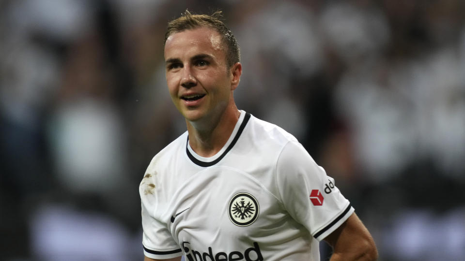 FILE -- Frankfurt's Mario Goetze during the German Bundesliga soccer match between Eintracht Frankfurt and RB Leipzig in Frankfurt, Germany, Saturday, Sept. 3, 2022. Germany is taking 30-year-old Mario Goetze to the World Cup, Coach Hansi Flick named his 26-man squad for Qatar on Thursday. Mario Goetze, who scored Germany’s World Cup-winning goal in the final against Argentina in 2014, is back in the squad after a long absence. (AP Photo/Michael Probst, file)