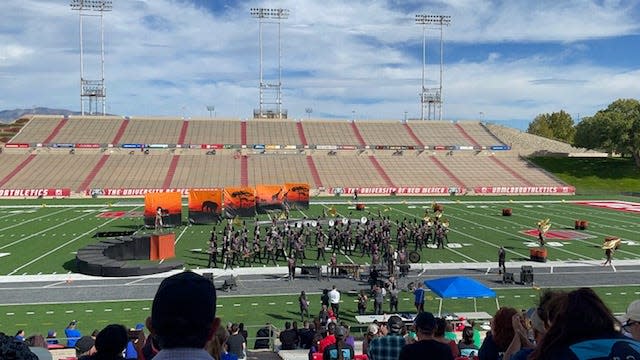 The Las Cruces High School Showcase Band performs in the Zia Marching Band Fiesta on Saturday, Oct. 23, 2021, at the University of New Mexico stadium. After some band equipment was stolen overnight, members used equipment lent by area high school and university bands during the performance.