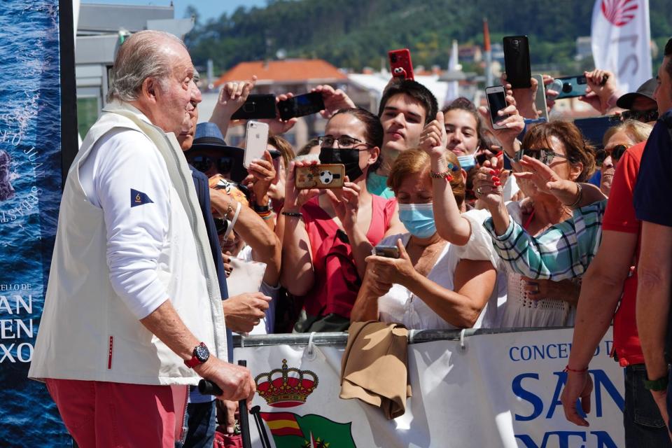 SANXENXO, PONTEVEDRA, GALICIA, SPAIN - MAY 20: The King Emeritus on his arrival at the 3rd Regatta of the IV Circuit Spain Cup 2022 6m class sailing, on 20 May, 2022 in Sanxenxo, Pontevedra, Galicia, Spain. The 3rd Regatta of the IV Circuit Spanish Cup 2022 6m class, will be held on 20, 21 and 22 May 2022, being organized by the Real Club Nautico de Sanxenxo (RNCS) in the waters of the Ria de Pontevedra by delegation of the Royal Spanish Sailing Federation (RFEV) and with the collaboration of the Association of Owners of the 6m Class of Spain. (Photo By Alvaro Ballesteros/Europa Press via Getty Images)