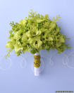 <div class="caption-credit"> Photo by: Formula Z/S</div><b>Hand-Wired Fan Bouquet <br></b> <br> This assembly of flowers in shades of green attains its fanlike silhouette through the use of wired gladiolus and santini mums.