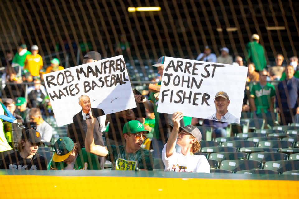 Fans in Oakland have taken part in multiple protests of A's owner John Fisher and the team's planned move to Las Vegas. (Michael Zagaris/Oakland Athletics/Getty Images)