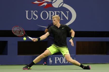 Sep 4, 2016; New York, NY, USA; Kyle Edmund of Great Britain hits a forehand against Novak Djokovic of Serbia (not pictured) on day seven of the 2016 U.S. Open tennis tournament at USTA Billie Jean King National Tennis Center. Mandatory Credit: Geoff Burke-USA TODAY Sports