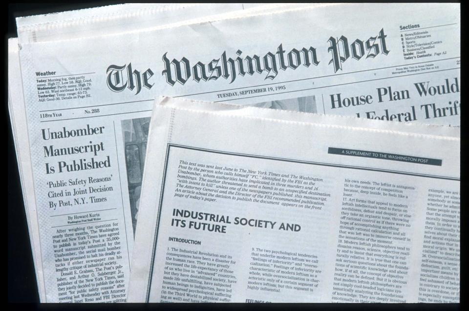 The Washington Post published the Unabomber’s 35,000-word manifesto on Sept. 19, 1995. <a href="https://www.gettyimages.com/detail/news-photo/view-of-the-front-pages-of-the-new-york-times-and-the-news-photo/106884096?adppopup=true" rel="nofollow noopener" target="_blank" data-ylk="slk:Luke Frazza/AFP via Getty Images;elm:context_link;itc:0;sec:content-canvas" class="link ">Luke Frazza/AFP via Getty Images</a>