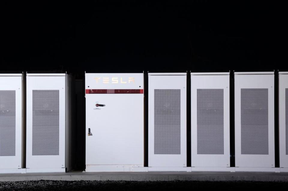 Tesla Inc. Powerpacks that will be used to form the world’s largest lithium-ion battery stand near Jamestown, SA.