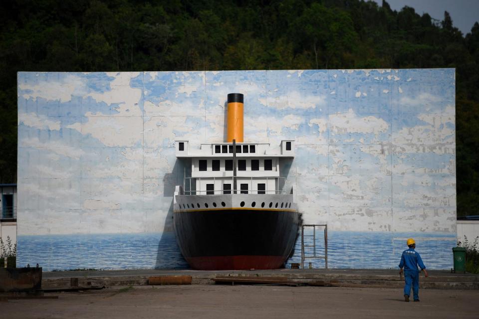 The display at the site of a still-under-construction replica of the Titanic ship in Daying County in China