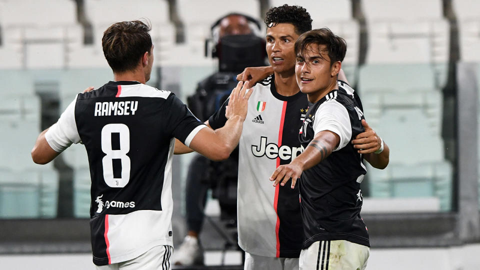 Cristiano Ronaldo, pictured here celebrating with Juventus teammates.