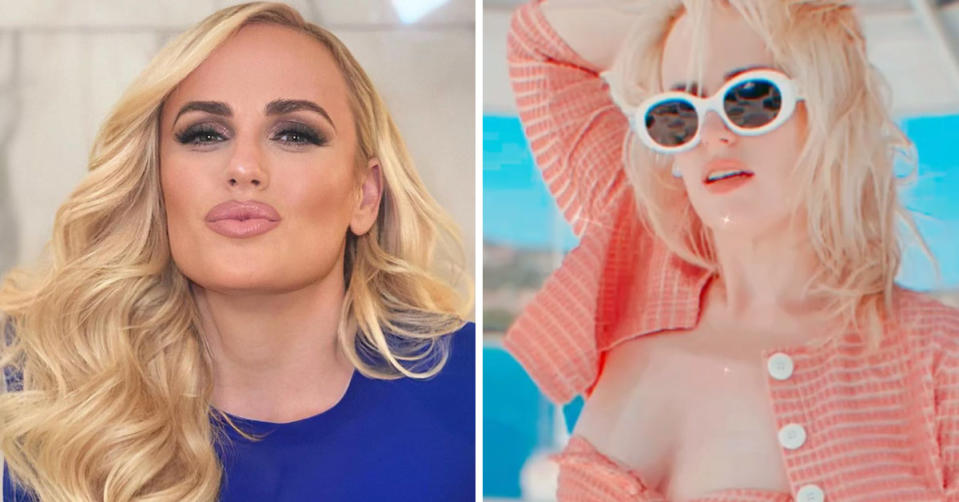 L: Rebel Wilson blows a kiss to the camera in a blue dress. R: Rebel Wilson poses in a bikini on a boat