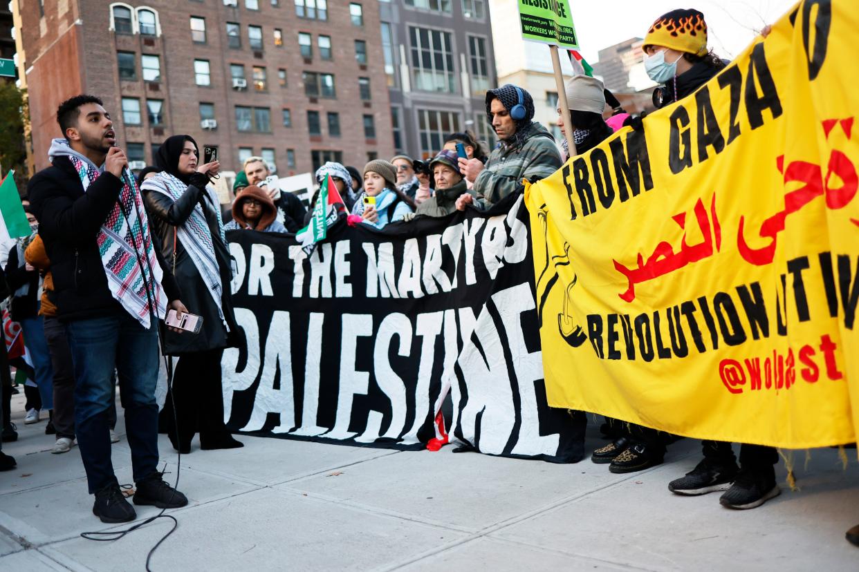 Abdullah Akl speaks as pro-Palestine supporters gather for a rally at the Egyptian Consulate in New York City on Nov. 28. Supporters of Palestine gathered at the consulate, calling for the Rafah crossing to be opened for Palestinians fleeing the bombings in Gaza and for humanitarian aid. The rally comes as the initial four-day truce between Israel and Hamas was extended by two days, pausing the seven weeks of warfare that has killed thousands in Gaza as a result of the Oct. 7 Hamas attack in Israel.