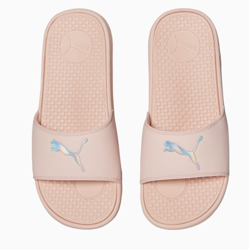 Pink slides with iridescent Puma logo. (Photo: Puma)