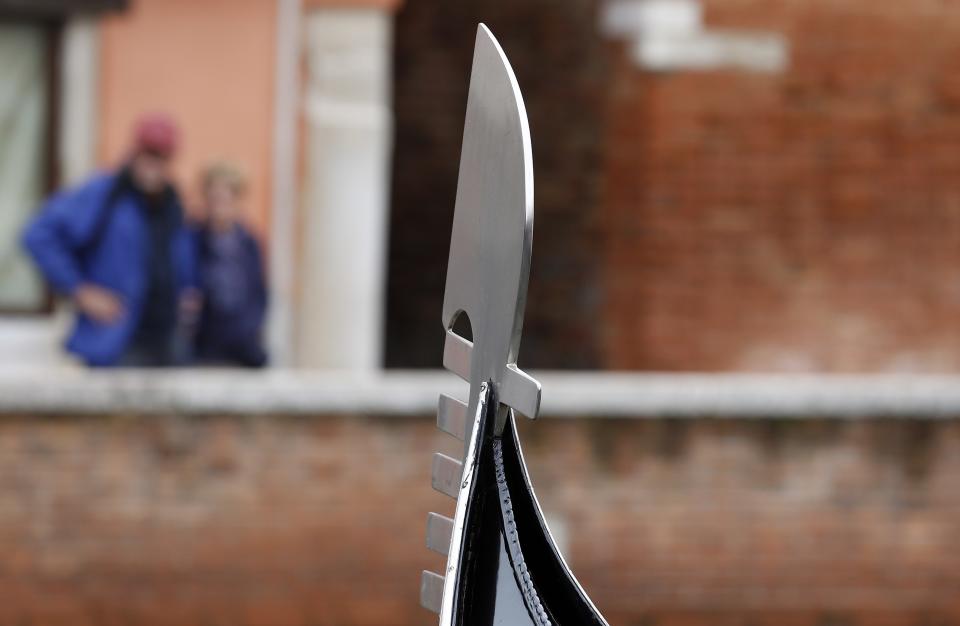 Part of a gondola is seen at the San Trovaso boatyard, also known as a