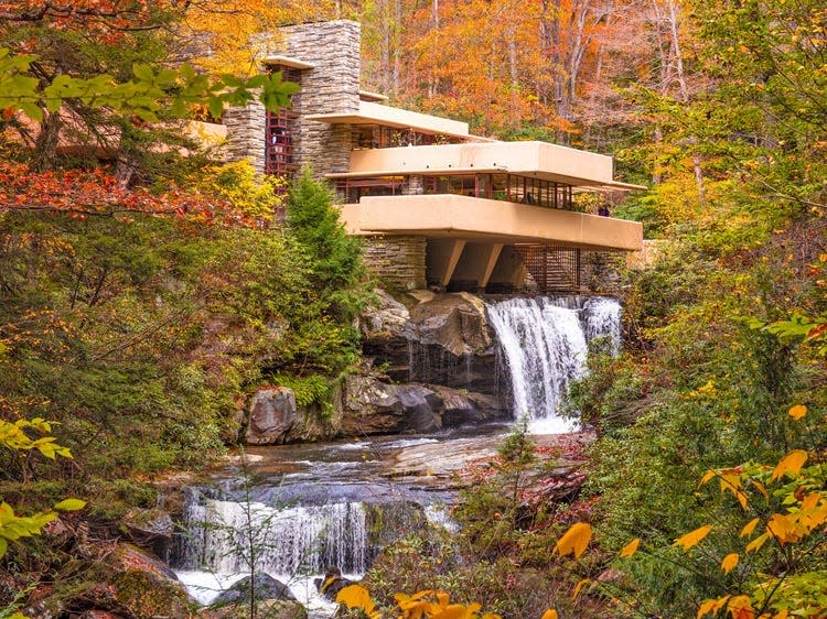 Fallingwater over Bear Run waterfall in the Laurel Highlands of the Allegheny Mountains.