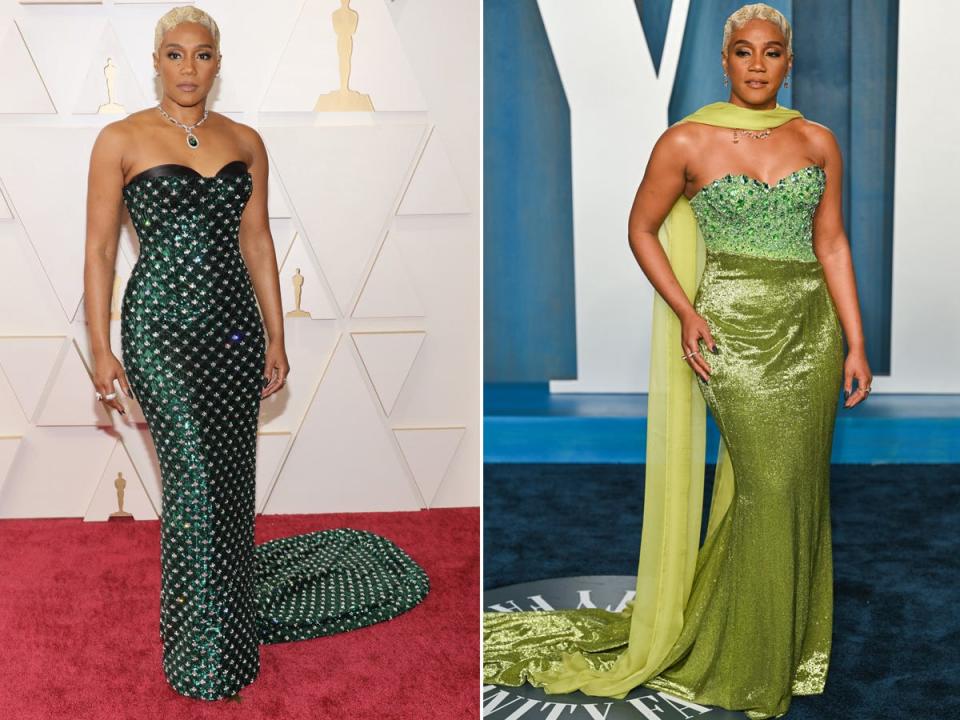 Tiffany Haddish at the 2022 Oscars (left) and the actress at the after party (right).