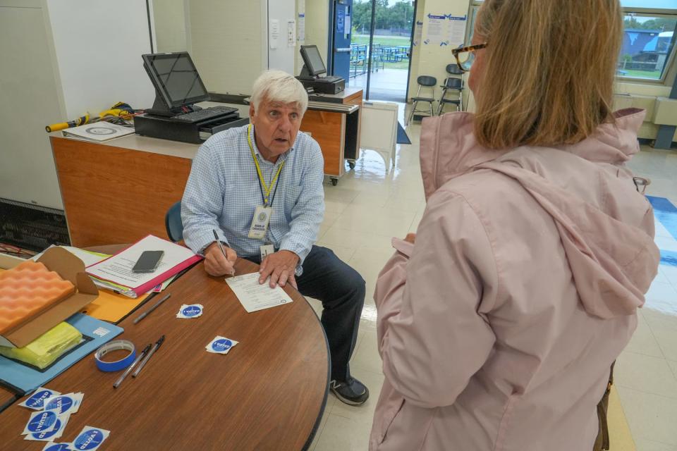 Election official George Neubauer as the Barrington HS voting station opens.