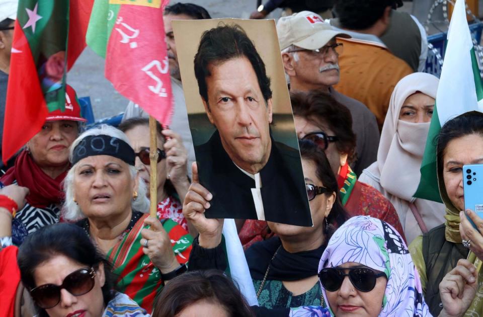 Supporters of the Pakistan Tehrik-e-Insaf (PTI) political party gather to protest against alleged rigging in the general elections, in Karachi, Pakistan (EPA)