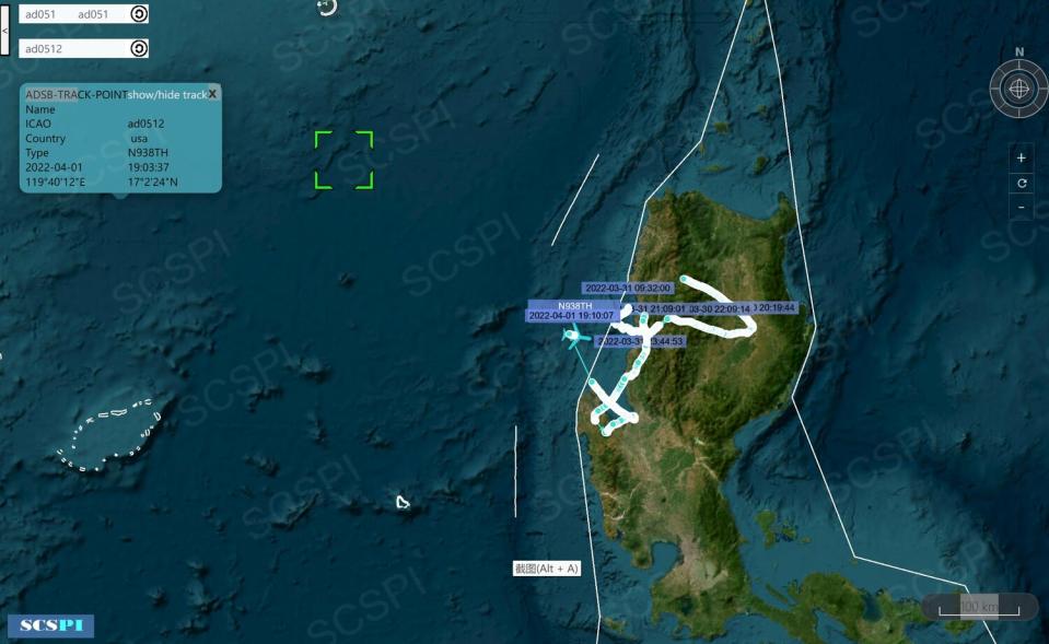 被指為平流層飛艇的AD0512於3月30日-4月2日航跡。   圖：翻攝@SCS_PI推特