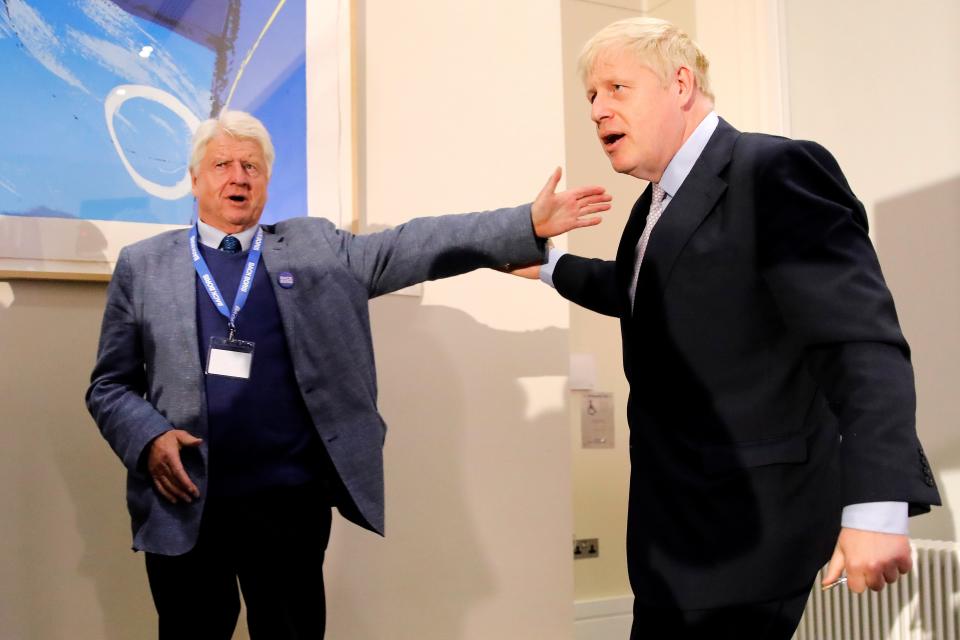 Stanley Johnson (L), father of Conservative MP Boris Johnson, congratulates his son after he delivered his Conservative Party leadership campaign launch in London on June 12, 2019. - Boris Johnson launched his campaign Wednesday to replace Theresa May as Britain's next leader, as lawmakers moved to stop him and other hardliners from delivering a &quot;no deal&quot; Brexit. The former foreign secretary is the favourite among 10 candidates to succeed May, who quit after failing to take Britain out of the European Union on schedule. (Photo by Tolga AKMEN / AFP)        (Photo credit should read TOLGA AKMEN/AFP via Getty Images)