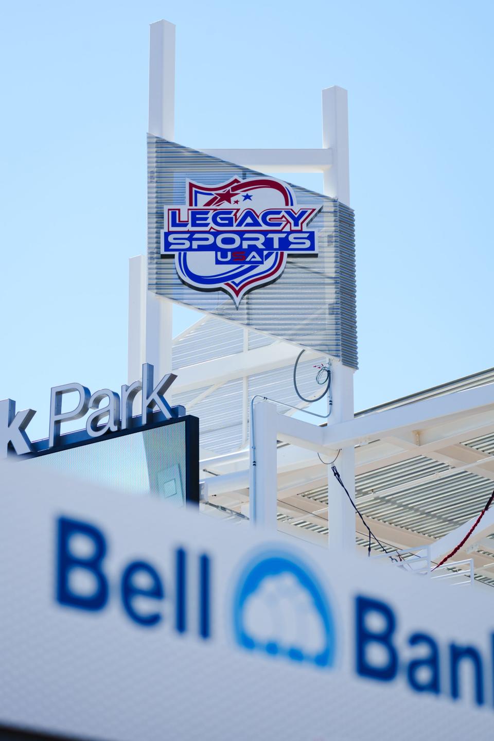 Legacy Sports USA and Bell Bank signage is displayed at the Mesa sports complex on July 9, 2022. Bell Bank has since terminated its deal with the park.