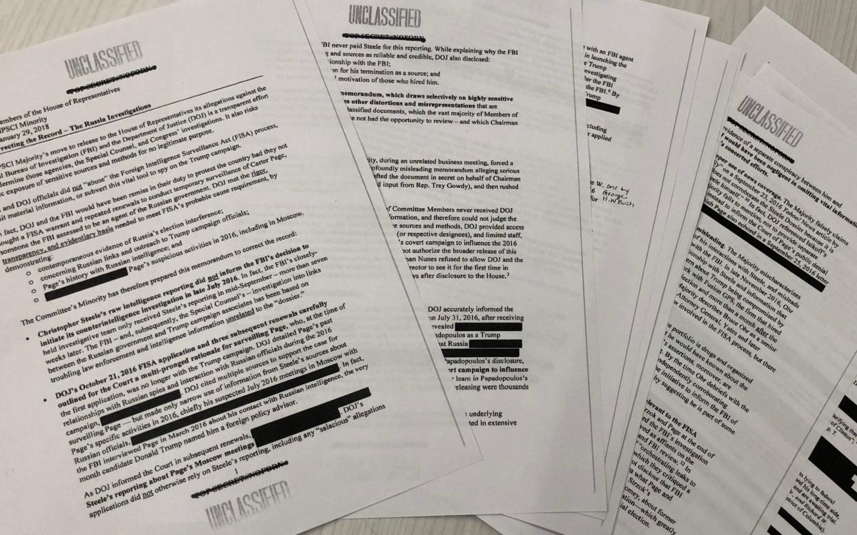 Prints of a memo released by the Democratic minority on the U.S. House of Representatives Intelligence Committee  - REUTERS