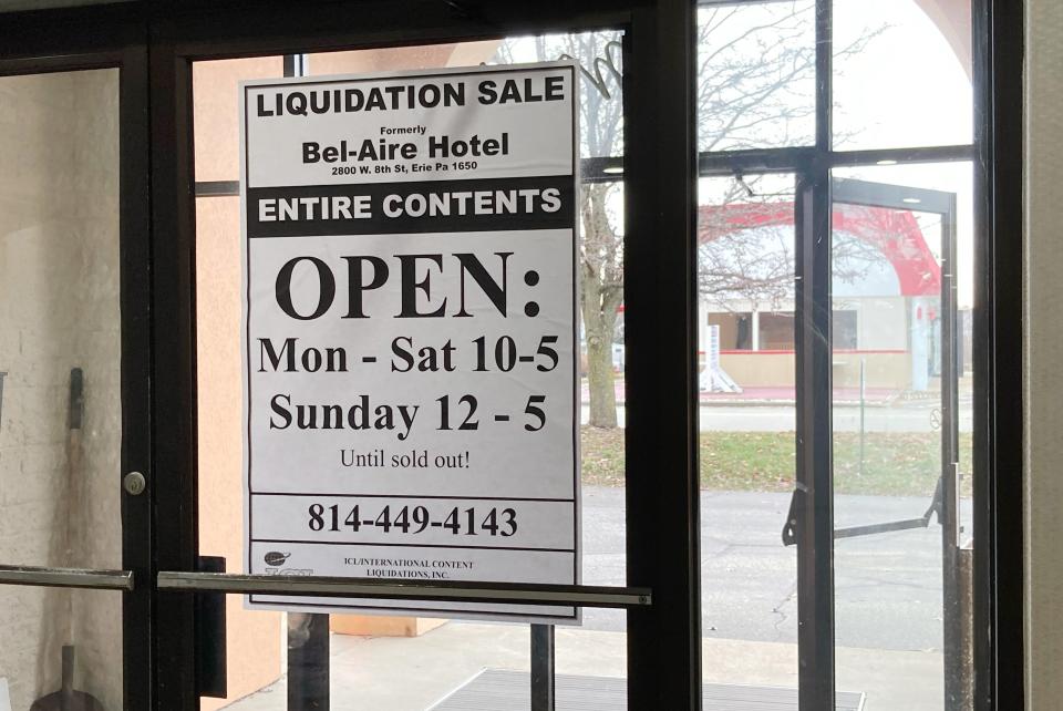 The public liquidation sale of the contents of the former Bel-Aire Hotel in Millcreek Township starts on Thursday. On Wednesday, this sign was posted near the Bel-Aire ballroom, where lamps, chandeliers and tables are labeled for sale.